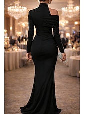 economico Abiti da Sera Sirena-Sirena Tromba Lunghezza al pavimento Abito da Sera Elegante Abito da sera stile impero Manica Lunga Collo Alto Festa serale Matrimonio Raso Elasticizzato con Pieghe Tinta unita
