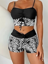 baratos Tankinis-Mulheres Roupa de Banho Tankini Cavado roupa de banho Patchwork Férias Roupa de Praia Gráfico Decote Redondo Sem Manga Fatos de banho