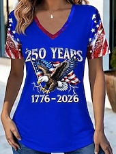  Koszulka damska z nadrukiem na Dzień Niepodległości Amerykańskiej Rocznicy Patriotycznej Stylowa Klasyczna Krótki rękaw V-kształtny Regularne Top Daily Czerwony Lato Wiosna