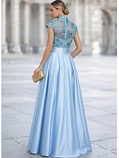 economico Abiti da Sera a Linea A-Linea ad A Lunghezza al pavimento Abito da Sera Elegante Scintillante Brillanti Manica Corta Collo Alto Festa serale Matrimonio Tasca Raso Tulle con Pieghe Perline ricamate
