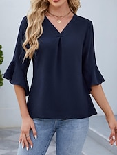 economico Bluse Eleganti-Per donna Camicia Blusa Top in chiffon Volant Semplice Elegante Classico Moderno Manica 3/4 Scollo a V Top Regolari Quotidiano Ferie Uscire Nero Bianco Verde Azzurro Estate Primavera