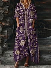 billige Etnisk Boho Kjole-Dame Maxikjole Boho-kjole Uformell kjole Print kjole Årgang utendørs Feriereise Helg Løstsittende Blomstret Grafisk Langermet V-hals Blå Vin Lilla Grønn Sommer Vår Høst