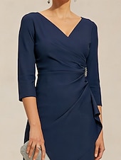 abordables Robe de cocktail-Femmes Mini Robe Robe fourreau Robe Portefeuille Élégant robe demoiselle d honneur Cocktail Froncé Embelli Coupe régulière Couleur Unie Manche 3/4 Col en V bleu marine