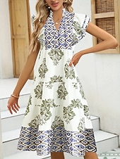 abordables Robes Boho-Femmes Robe Midi Robe bohème Robe Vintage Robe Décontractée Robe Fleurie Élégant Mode Moderne Extérieur Vacances Sortir Coupe régulière Fleuri Manche Courte Col en V Bleu Jaune Rouge Été Printemps