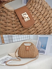 billiga Rese- och semesterväskor-Damväska i vävd stråaxelrem, beige och khakifärger, lätt sommarväska med justerbar rem, bohemisk chic-stil, perfekt för semester, resor och vardagsbruk