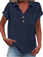 cheap Shirts-Women's Shirt Blouse Cotton Shirt Buttons Solid Color Vintage Classic Modern Short Sleeve Shirt Collar Regular Tops Daily Holiday Going out White Yellow Navy Blue Sky Blue Light Blue Summer Spring
