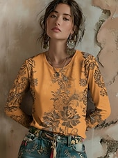 voordelige Boho t-shirt-Dames T-shirt Afdrukken Grafisch Planten Bohemen Vintage Casual Lange mouw Strakke ronde hals Normale tops Dagelijks Weekend Vakantiekleding blauw Zwart Blozend Roze Paars Oranje Zomer Lente Herfst