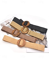 abordables Accesorios de vacaciones-Cinturón tejido bohemio para mujer con hebilla de madera vintage, cinturón de malla de paja para vestir, ideal para vacaciones de verano en la playa y uso diario informal, disponible en varios colores.