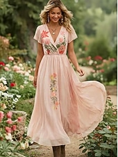 tanie Eleganckie sukienki kwiatowe-Damskie Sukienka maxi Sukienka dla gościa weselnego Sukienki szyfonowe Sukienka w kwiatki Elegancja Moda Nowoczesny Na zewnątrz Urlop Wyjściowe Regularny Kwiaty Krótki rękaw W serek Rumiany róż Lato