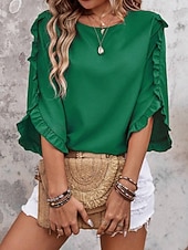 abordables Blusas Elegantes-Mujer Camisa Blusa Blusa con volantes Volante Plano Elegante Clásico Moderno Manga 3/4 Cuello Barco Tops regulares Diario Festivos Noche Negro Rojo Naranja Verde Trébol Albaricoque Verano Primavera