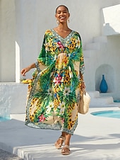 levne potisk neformálních šatů-tropické pokušení splývavý šifonový kaftan s leperdem