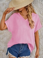 economico Bluse Semplici-Per donna Maglietta Finto cotone e lino Semplice Moda Elegante Classico Manica Corta Scollo a V Top Regolari Quotidiano Uscire Weekend Blu Nero Bianco Rosa Marrone Estate Primavera