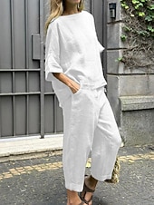 preiswerte Blusenanzüge für Damen-Damen Hosen-Sets Kunstbaumwollleinen Dreiviertelarm Rundhalsausschnitt Einfarbig Elegant Mode Streetwear Lässig Täglich Outdoor Schwarz Weiß Gelb Sommer Normale Passform