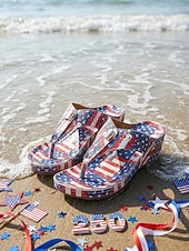  dame rødblå USA 250-årsjubileumsflaggtrykk kileformede flip-flop-sandaler, patriotiske komfortable sommerslippers til uavhengighetsdagen og høytidsfester &fritidsklær