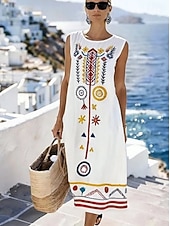 levne Boho šaty-Dámské Midi šaty Úpletové šaty Letní šaty Áčkové šaty prázdniny Na běžné nošení Cikánský Plážové Jdeme ven Běžný Grafika Geometrický Bez rukávů Výstřih ke krku Bílá Léto Jaro