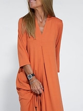 baratos Vestidos de Férias-Mulheres Vestido Longo Vestido casual Elegante Moda Moderno Ao ar livre Férias Para Noite Normal Tecido Manga Curta Decote V Preto Laranja Verão Primavera