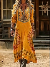 tanie Etniczna sukienka boho-Damskie Sukienka midi Sukienka Boho Zabytkowa sukienka Codzienne sukienki Moda Klasyczny Nowoczesny Codzienny Na zewnątrz Urlop Regularny Kwiaty Długi rękaw W serek Niebieski Czerwony Granatowy