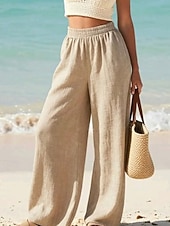 abordables Bas-Femmes Pantalon effet lin Jambe large Chinos Pantalon d'été Vacances Streetwear Basique Longueur complète Taille moyenne Uni Avec Poches Taille Élastique Confortable Respirant Micro-Élastique