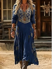tanie Etniczna sukienka boho-Damskie Sukienka midi Sukienka Boho Zabytkowa sukienka Codzienne sukienki Moda Klasyczny Nowoczesny Codzienny Na zewnątrz Urlop Regularny Kwiaty Długi rękaw W serek Niebieski Czerwony Granatowy