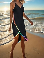 Недорогие Пляжные платья-Жен. Купальники Накидка Купальники Платья купальник Рюши Открытая спина Отпуск Одежда для пляжа Сплошной цвет V-образный вырез Без рукавов Купальники