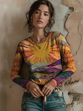 economico T-shirt Boho-Maglietta da donna in stile vichingo, stampa floreale, grafica, bohémien, vintage, casual, manica lunga, girocollo, normale, da indossare tutti i giorni, weekend e vacanze, arancione, estate,
