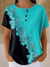 cheap Floral tee-Women's Waffle T Shirt Color Block Print Floral Graphic Vintage Stylish Classic Short Sleeve Crew Neck Regular Tops Daily Blue Red Purple Green Summer Spring