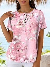 billige Blomster t-skjorte-Dame Waffle T Skjorte Trykk Blomstergrafikk Vintage Stilfull Klassisk Kortermet Rundhals Regulære Topper Daglig Blå Rosa Lilla Grønn Sommer Vår