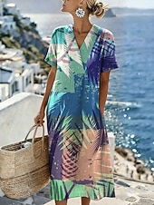 cheap Art&amp;Design Dress-Women's Midi Dress Sundress Casual Dress Vacation Casual Beach Beach Party Loose Fit Graphic Leaf Geometric Short Sleeve V Neck Blue Yellow Purple Green Summer Spring