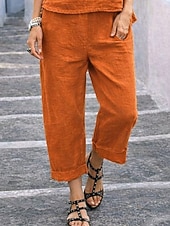 abordables Trajes de blusa para mujer-Women's Pants Sets Faux Cotton Linen Sleeveless Round Neck Solid Color Elegant Fashion Streetwear Casual Daily Outdoor Orange Summer Regular Fit