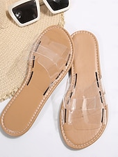 billiga Kvinnor-Färgglada gula strandtofflor för kvinnor - eleganta platta sandaler i genomskinlig PVC med H-remmar för tropiska semestrar och öresor &amp;sommarkläder vid poolen