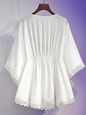 abordables Tops bohèmes-Femmes Chemisier Dentelle Broderie Couleur Unie Bohème Vacances Occasionnel Manche 3/4 Col ras du cou Hauts Réguliers Quotidien Bleu Blanche Été Printemps Automne