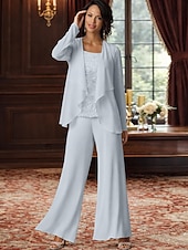 abordables Trajes de pantalón de mamá-Traje de pantalón Traje de 3 piezas Hasta el Suelo Vestido de Madrina Sin Mangas Barco de cuello Elegante Talla Grande Bolero incluido Formal Invitado a la boda Gasa con Encaje