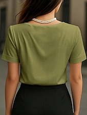 Χαμηλού Κόστους Απλή μπλούζα-Γυναικεία Μπλούζα Συμπαγές Χρώμα Κομψό Στυλάτο Βασικό Κοντομάνικο Λαιμόκοψη V Κανονικά μπλουζάκια Καθημερινά Μαύρο Λευκό Κρασί Φούξια Πράσινο του τριφυλλιού Καλοκαίρι Άνοιξη