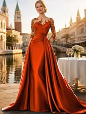 voordelige Vloerlengte-A-lijn Strijksleep Bruiloft gast jurk Formele jurk Avondjurk Moeder van de bruid jurk Lange mouw Met sieraad Elegant Zijdeachtig Kerstmis Formeel Satijn met Appliqués