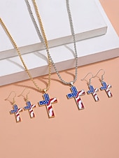 voordelige Accessoires-Damesketting en oorbellen met kruisje van legering, gouden en zilveren patriottische sieraden, oorbellen met hanger in de vorm van een Amerikaanse vlag, perfect voor de 250e verjaardag van de VS, Onafhankelijkheidsdag, casual kleding en vakantie.