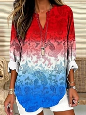  Ziua Independenței Americane Pentru femei Bluză Imprimeu Grafic Steag Epocă Tropical Hawaiană Manșon Lung În V Topuri lungi Zilnic Concediu Costum de plajă Alb Roșu / albastru Bej Vară Primăvară