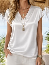 preiswerte Einfache Blusen-Damen Satin-Top Bluse Einfarbig Stilvoll Basic Lässig Kurzarm V Ausschnitt Normale Oberteile Täglich Blau Schwarz Weiß Champagner Rote Sommer Frühling Herbst