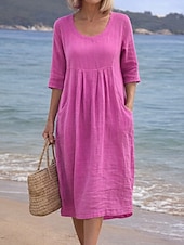 cheap Plain Dress-Women's Midi Dress Shift Dress Summer Dress Casual Daily Loose Fit Plain Half Sleeve Crew Neck Blue Fuchsia Green Dark Blue Summer Spring
