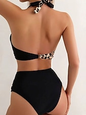 preiswerte Bikini-Sets-Damen Badeanzug Bikini Zweiteilig Hohe Taillenlinie Bademode Gerafft Rückenfrei Urlaub Strandbekleidung Leopard Farbblock Neckholder Ärmellos Badeanzüge