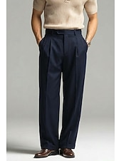 economico Giacche e Completi uomo-Pantaloni eleganti da uomo in lino, plissettati, vestibilità comoda – pantaloni estivi leggeri e casual, gamba larga e dritta, disponibili in marrone, blu navy e beige.