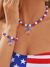  Patriotisches Acryl-Schmuckset für Damen: Halskette und Armband, mehrfarbiger Schmuck in Rot, Weiß und Blau mit Perlen, ideal für die Feierlichkeiten zum 250. Jahrestag der USA, den Unabhängigkeitstag und den Alltag.