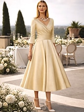 preiswerte Cocktailkleider-A-Linie Tee-Länge Cocktailkleider Partykleider Elegant Vintage Übergröße Dreiviertelarm V Ausschnitt Hochzeitsgast Satin mit Falten
