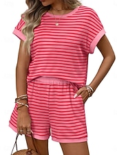 cheap Women's Blouse Suits-Women's Two Piece Sets Shorts Sets Short Sleeve Crew Neck Striped Fashion Streetwear Casual Daily Outdoor Black Pink Dark Pink Summer Regular Fit