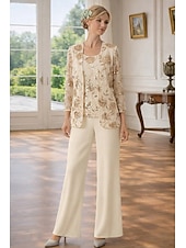 cheap Mom's Pant Suits-3 Piece Pantsuit Floor Length Mother of the Bride Dress Sleeveless 3/4 Length Sleeve Scoop Neck Elegant Simple Embellished Formal Wedding Guest Formal Evening Chiffon Sequined with Sequin