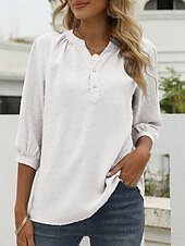 abordables Blusas Sencillas-Mujer Blusa Botones Color sólido Elegante Casual Manga 3/4 Escote en Pico Tops regulares Diario Azul Piscina Verde salvia Negro Blanco Rosa Verano Primavera Otoño