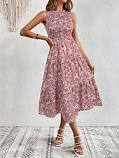 tanie Sukienki kwiatowe na co dzień-Damskie Sukienka midi Codzienne sukienki Sukienka A line Sukienka w kwiatki Elegancja Moda Nowoczesny Na zewnątrz Urlop Wyjściowe Regularny Kwiaty Bez rękawów Półgolf Niebieski Biały Rumiany róż Lato