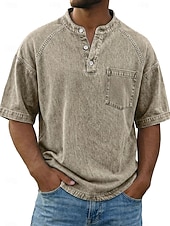 ieftine tricouri de bază-Bărbați Tricou Cămașă Demin Cămașă de spălat cu acid 100% bumbac Manșon scurt Guler de stand Henley Toamna iarna Primăvară Toamnă Simplu Epocă Șic Stradă Casual Buzunar Vopsit în haine Spălat Casual