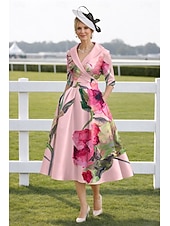 abordables Longueur du thé-Ligne A Longueur thé Robe de Soirée Robe de Cocktail Robe d'invité de mariage Robe de Mère de Mariée  Demi Manches Revers Élégant Kentucky Derby Satin avec Imprimé floral