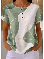 abordables T-shirt rayé et géométrique-Tops en tricot texturé en gaufre pour femmes T-shirt dégradé graphique géométrique élégant classique à manches courtes col rond Henley hauts réguliers sports quotidiens noir et blanc vert clair kaki