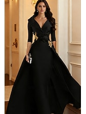 cheap Ball Gown Evening Dresses-A-Line Floor Length Evening Gown Elegant 3/4 Length Sleeve Shirt Collar Formal Satin with Appliques